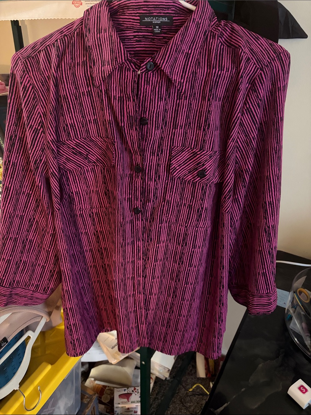 Notations Hot Pink and Black Vertical Stripe Blouse